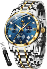 OLEVS Watches for Men, Mens Watches Gifts for Men Chronograph Analog Quartz Luxury Casual Classic Diamond Waterproof Luminous Stainless Steel Reloj para Hombre Blue Dial