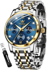 OLEVS Watches for Men, Mens Watches Gifts for Men Chronograph Analog Quartz Luxury Casual Classic Diamond Waterproof Luminous Stainless Steel Reloj para Hombre Blue Dial