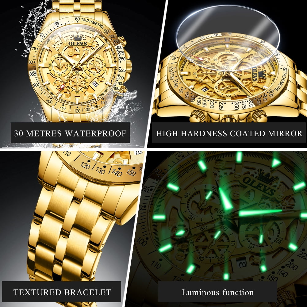 OLEVS Watches for Men Waterproof Luxury Dress Analog Quartz Chronograph Fashion Gold Plated Stainless Steel Luminous Date Classic Mens Wrist Watches Reloj Para Hombre Gold/White/Black Dial