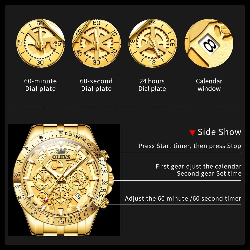OLEVS Watches for Men Waterproof Luxury Dress Analog Quartz Chronograph Fashion Gold Plated Stainless Steel Luminous Date Classic Mens Wrist Watches Reloj Para Hombre Gold/White/Black Dial