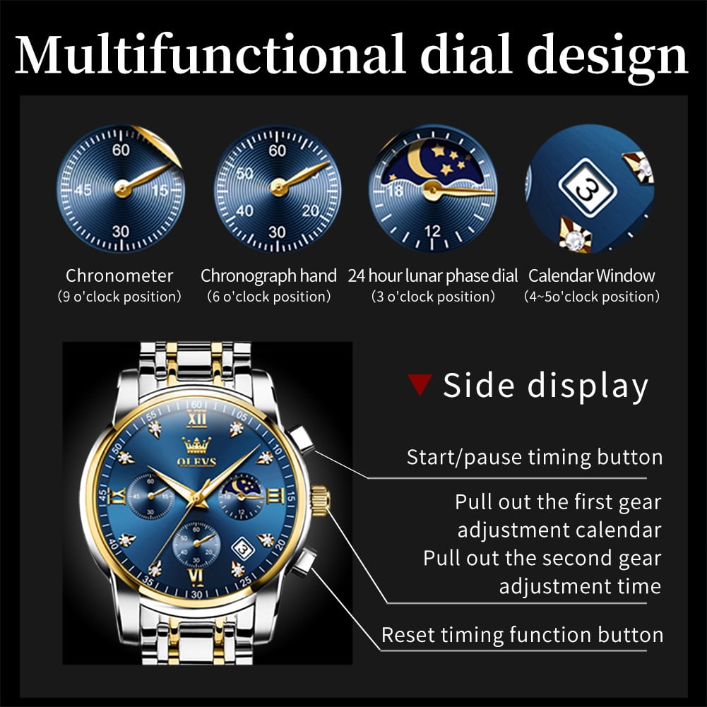 OLEVS Watches for Men, Mens Watches Gifts for Men Chronograph Analog Quartz Luxury Casual Classic Diamond Waterproof Luminous Stainless Steel Reloj para Hombre Blue Dial