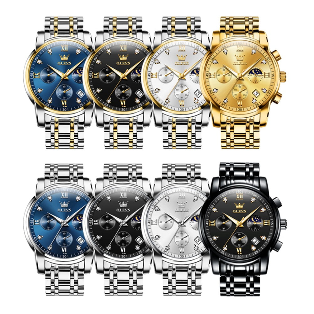 OLEVS Watches for Men, Mens Watches Gifts for Men Chronograph Analog Quartz Luxury Casual Classic Diamond Waterproof Luminous Stainless Steel Reloj para Hombre Blue Dial