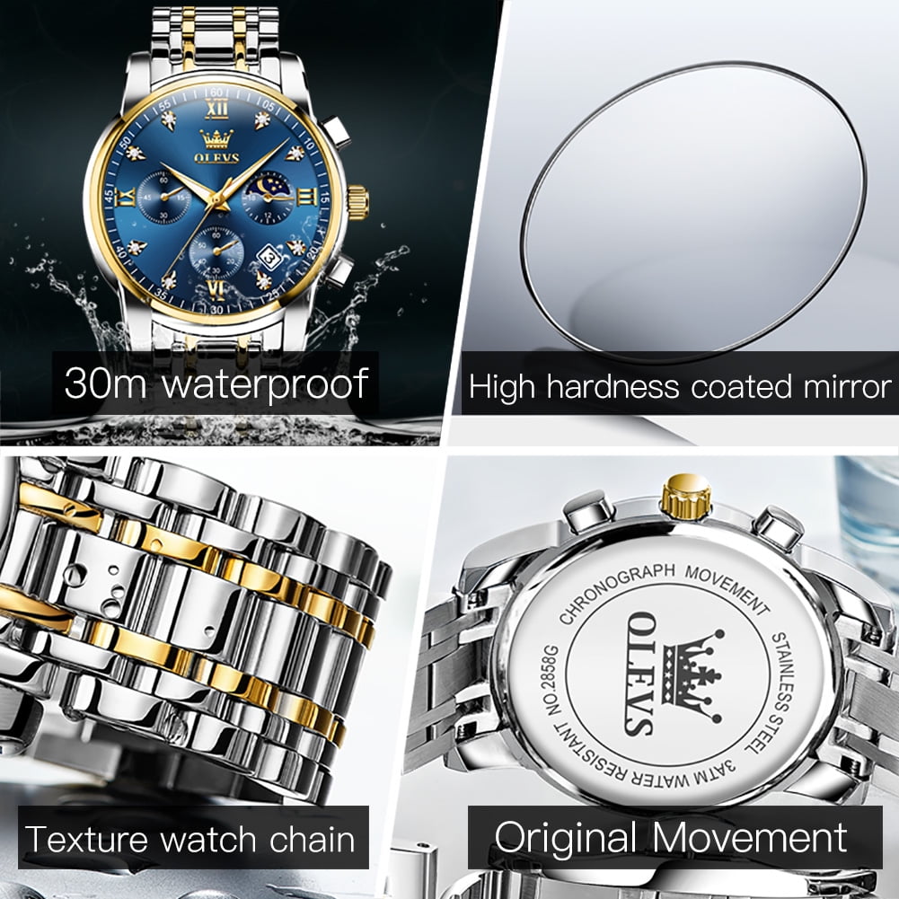 OLEVS Watches for Men, Mens Watches Gifts for Men Chronograph Analog Quartz Luxury Casual Classic Diamond Waterproof Luminous Stainless Steel Reloj para Hombre Blue Dial