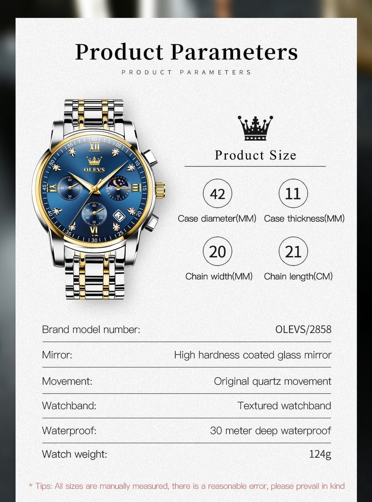 OLEVS Watches for Men, Mens Watches Gifts for Men Chronograph Analog Quartz Luxury Casual Classic Diamond Waterproof Luminous Stainless Steel Reloj para Hombre Blue Dial
