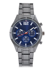 George Men's Gun Metal Watch with Blue Faux Chronograp Dial & Matching 2 Accessory Bracelets in Gun and Blue. 45MM