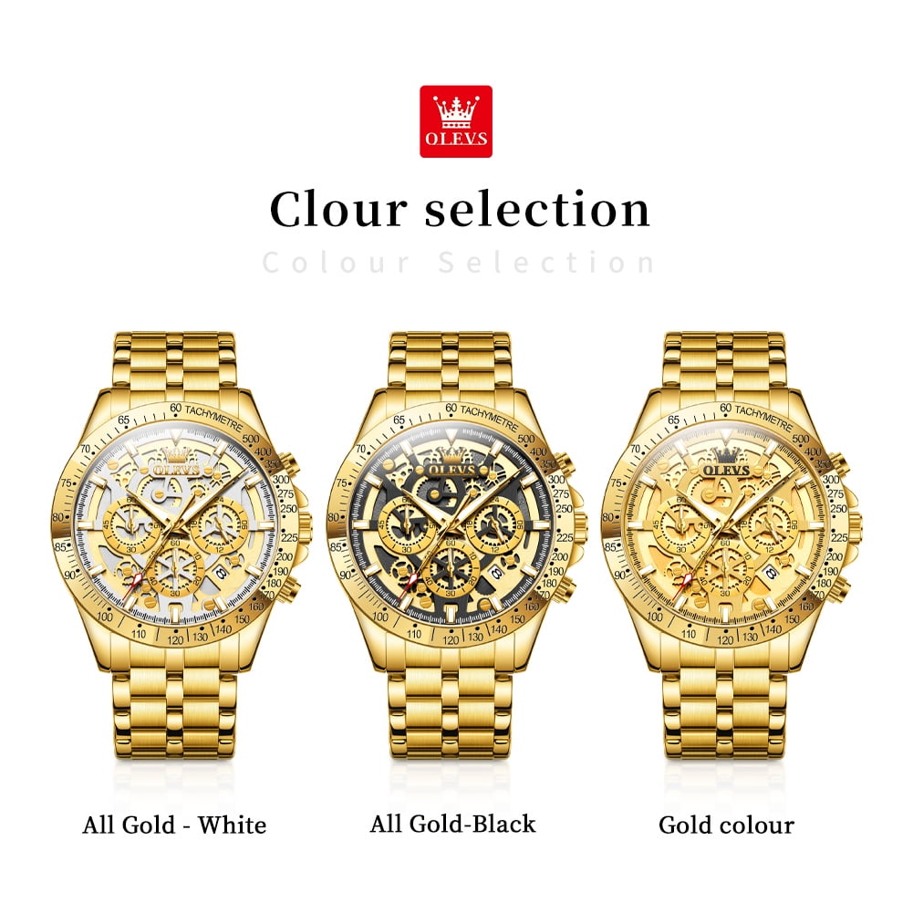 OLEVS Watches for Men Waterproof Luxury Dress Analog Quartz Chronograph Fashion Gold Plated Stainless Steel Luminous Date Classic Mens Wrist Watches Reloj Para Hombre Gold/White/Black Dial