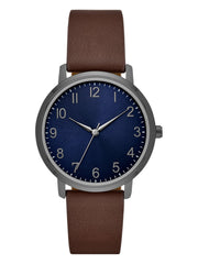 GEORGE Men's Watch: Gunmetal Case, Blue Easy Read Dial,Brown Vegan Leather Band (FMDOGE019)