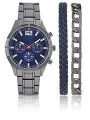George Men's Gun Metal Watch with Blue Faux Chronograp Dial & Matching 2 Accessory Bracelets in Gun and Blue. 45MM