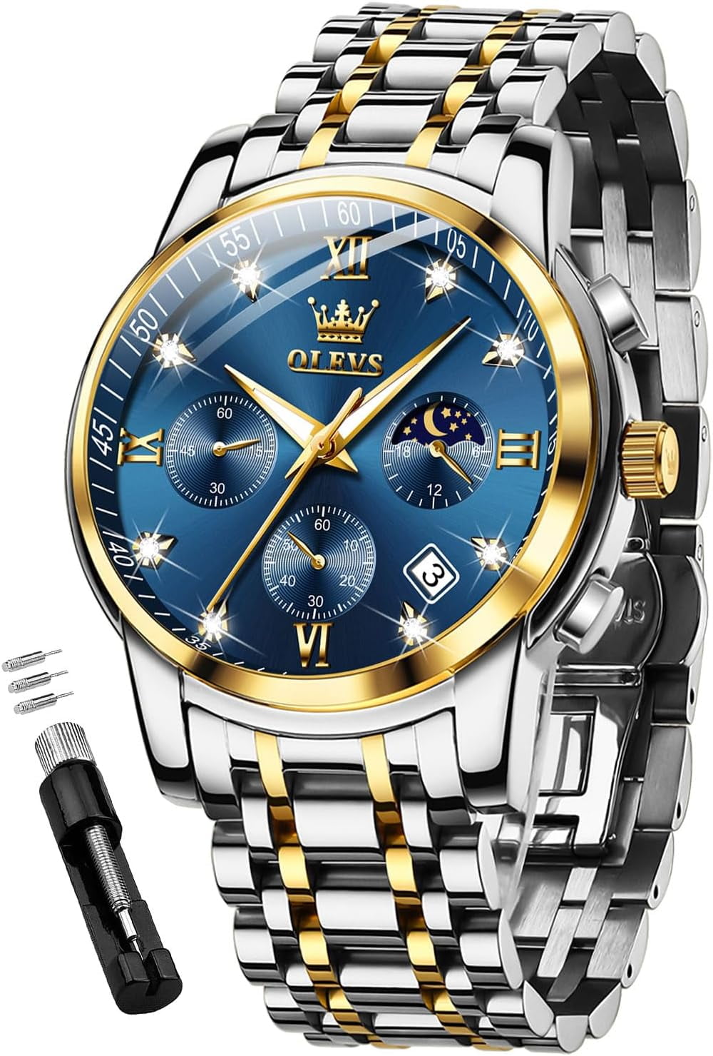 OLEVS Watches for Men, Mens Watches Gifts for Men Chronograph Analog Quartz Luxury Casual Classic Diamond Waterproof Luminous Stainless Steel Reloj para Hombre Blue Dial