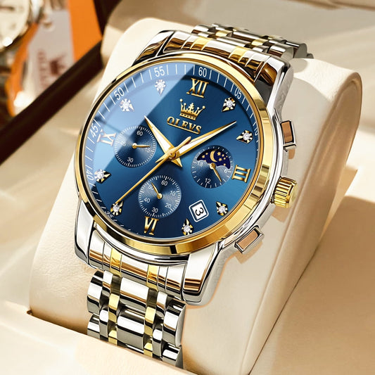 OLEVS Watches for Men, Mens Watches Gifts for Men Chronograph Analog Quartz Luxury Casual Classic Diamond Waterproof Luminous Stainless Steel Reloj para Hombre Blue Dial