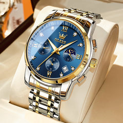 OLEVS Watches for Men, Mens Watches Gifts for Men Chronograph Analog Quartz Luxury Casual Classic Diamond Waterproof Luminous Stainless Steel Reloj para Hombre Blue Dial