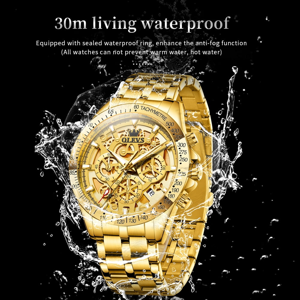 OLEVS Watches for Men Waterproof Luxury Dress Analog Quartz Chronograph Fashion Gold Plated Stainless Steel Luminous Date Classic Mens Wrist Watches Reloj Para Hombre Gold/White/Black Dial