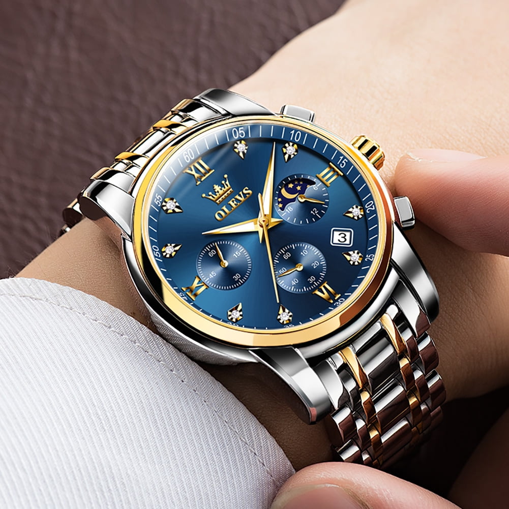 OLEVS Watches for Men, Mens Watches Gifts for Men Chronograph Analog Quartz Luxury Casual Classic Diamond Waterproof Luminous Stainless Steel Reloj para Hombre Blue Dial